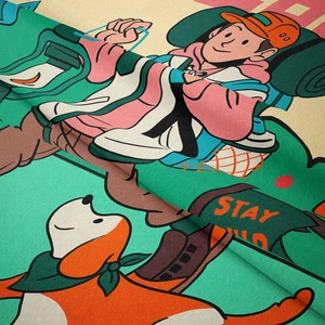 Détail d'une tapisserie camping avec randonneur, chien et lettrage Stay Wild