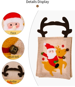 Detailed views of linen Christmas gift bag featuring Santa on a reindeer with metal bell