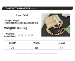 Detailed size chart for nylon crossbody waist bag showing dimensions 29x10x17cm