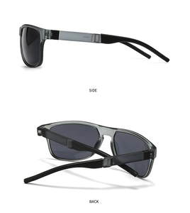 Vistas detalladas lateral y trasera de gafas de sol TR plegables grises para hombre