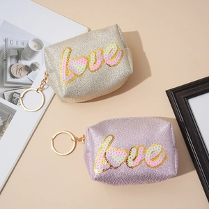Sparkly sequins love embroidered coin purses in gold and purple with keychain ring