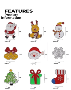 Detailed size chart for nine enamel Christmas brooches including Santa and reindeer