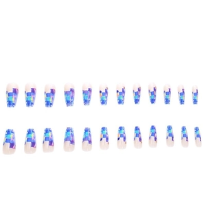 Long ballerina press-on nails with blue and purple geometric checkerboard pattern