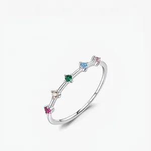 925 Sterling Silver Colorful Zirconia Ring For Women Minimalist Dainty Rainbow Inlaid Finger Ring Fashion Fine Jewelry Accessories
