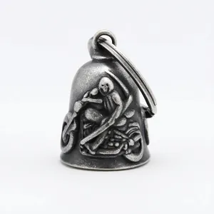 Vintage stainless steel grim reaper motorcycle bell pendant with relief skull engraving