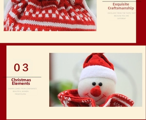 Close-up of knitted Christmas gift bag with 3D snowman decor and drawstring closure