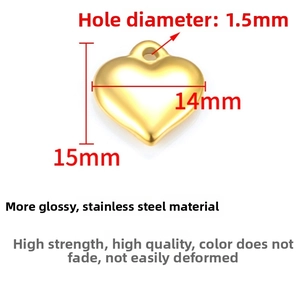 Polished gold stainless steel heart pendant for DIY jewelry, 15mm width macro detail