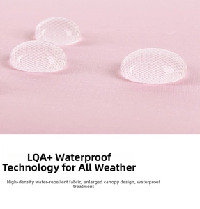 Detail of pink waterproof umbrella fabric with hydrophobic coating and water droplets