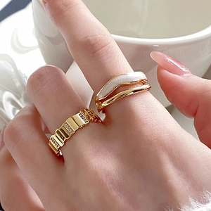 Women Open Adjustable Rings Copper Gold Plated Double Layer Wavy Enamel Zircon Inlaid French Light Luxury Niche Design