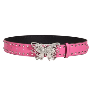 Pink punk rivet belt for women featuring a silver butterfly buckle and metallic studs