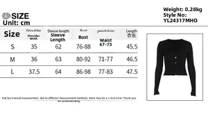 Detailed size chart for V-neck long sleeve knit cardigan showing S, M, and L dimensions