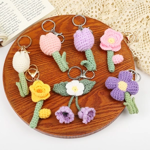 Handmade Crochet Flower Keychain Yarn Woven Tulip Sunflower Lily Of The Valley Bag Charm Cute Floral Key Ring Accessory For Women Kids
