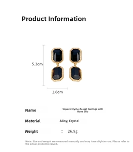 Detail showing dimensions of vintage square crystal tassel earrings with gold-tone frames