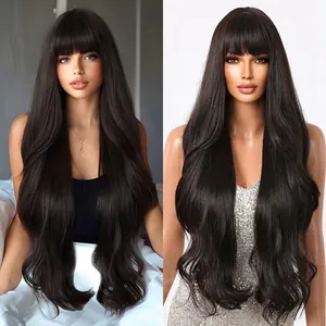 Lange Wellige Perücke Mit Pony Synthetische Hitzebeständige Faser Natürliches Lockiges Haar Für Frauen
