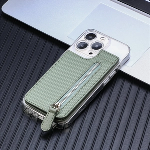 Detail of green woven leather phone card holder with silver zipper on iPhone case