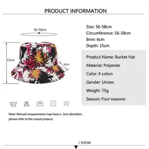 Size chart for reversible floral bucket hat with 56-58cm circumference and polyester fabric