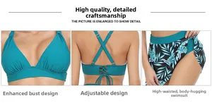 Detail of push-up bikini top with adjustable cross-back straps and high-waisted skirt bottom