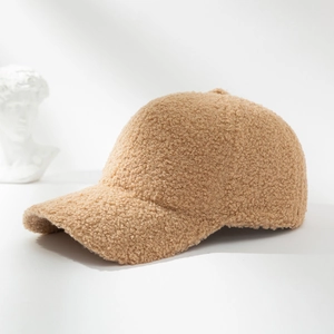 Brown lamb wool teddy fleece baseball cap for women, soft warm winter hat in solid color