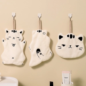 Cute cat-shaped coral fleece hanging hand towels in white for bathroom and kitchen use