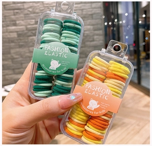 Detail of colorful high-elastic hair ties for kids in transparent gift box with bear logo