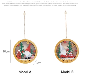 Detail showing 10cm wooden Christmas ornament with glowing 3D festive scene and twine