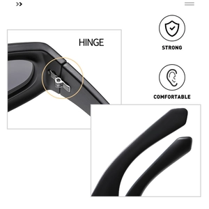 Detail of robust metal hinge and smooth curved temples on black matte Y2K sunglasses