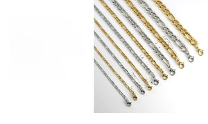 Detalle de grosores de cadena Figaro de 0.8mm a 2.5mm en acero oro 18K y plata