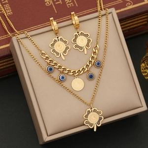 Stainless Steel Double Layer Necklace Evil Eye Hollow Clover Coin Pendants Gold Plated Jewelry For Women