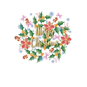 Christmas wreath wall sticker with green holly leaves, red flowers, and gold Merry Christmas text
