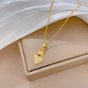 Luxurious gold titanium steel crown heart necklace with full diamond inlay on silk