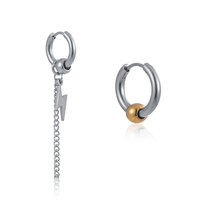 Asymmetric stainless steel earrings with silver lightning bolt charm and long metal chain