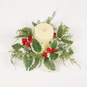Artificial Christmas Candle Ring Wreath Red Berries White Edged Holly Leaves Pine Needles Table Decor Plastic Cloth