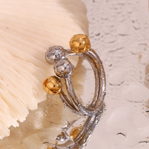 Polished two-tone 18K gold plated stainless steel multi-layer open ring with water droplets