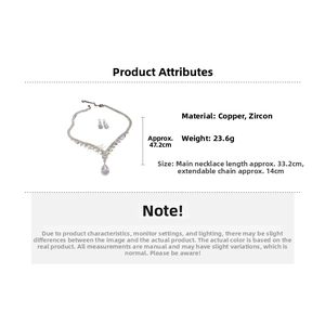 Detail view of silver water-drop necklace set showing material specifications and size info