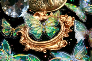Detail of holographic gold butterfly stickers displayed on a vintage bronze relief frame