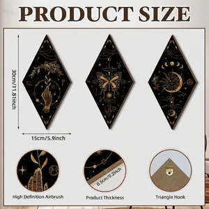 Three-piece bohemian wood moon phase wall decor with rhombic shapes and golden hanging hooks