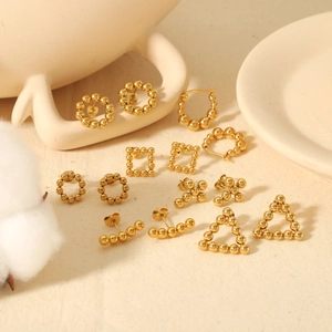 Geometric Ball Bead Stud Earrings 18K Gold Plated Titanium Steel With Stainless Steel Earring Post Minimalist For Women