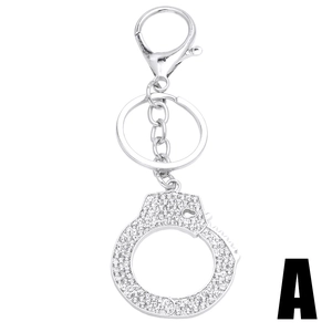 Hip hop style silver handcuffs keychain pendant with sparkling crystals and lobster clasp