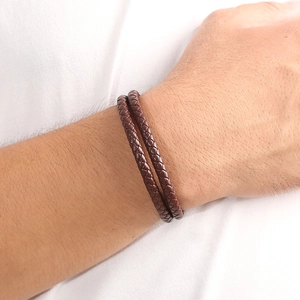 Double-layer dark brown woven leather bracelet for men with geometric alloy magnetic clasp