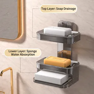 Dual-layer wall-mounted grey soap dish with drainage tray and sponge holder