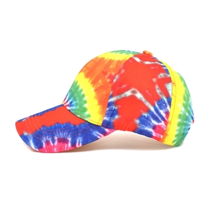 Detailed side view of tie-dye rainbow baseball cap with parallel stitching on the brim