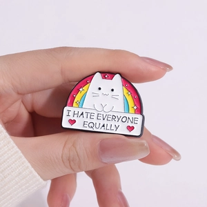 Cartoon white cat enamel pin with rainbow heart and I Hate Everyone Equally quote