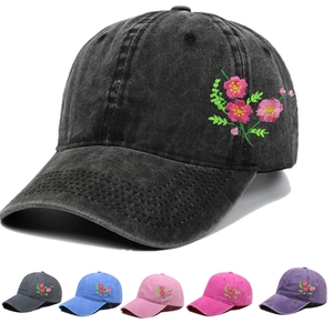 Washed Cotton Baseball Cap Floral Embroidery Adjustable Retro Sun Hat For Women Outdoor Casual