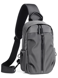 Waterproof grey nylon crossbody chest bag for men with multiple zipper pockets