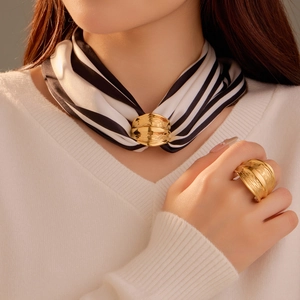 Gold Stainless Steel Scarf Buckle Ring Dual Use Geometric Wide Textured Fashion Jewelry For Women