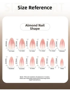 Size chart for almond-shaped press-on nails showing 12 dimensions and 24 pieces set