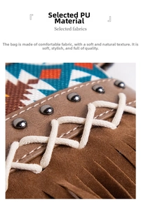 Detail of bohemian fringe crossbody bag with PU leather, rivets and woven pattern