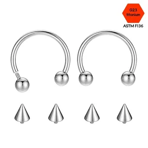 G23 titanium horseshoe piercing ring with ball and spike ends, ASTM F136 surgical jewelry