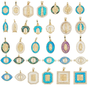 Virgin Mary St Benedict Religious Pendants Charms 18K Gold Plated Copper With Synthetic Opal And Zirconia For Jewelry Making