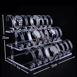Three-tier transparent acrylic watch display stand with flexible C-rings and dimensions